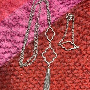 Arabesque Silver tone w rhinestones Pendant Necklace & Tassel + bracelet set